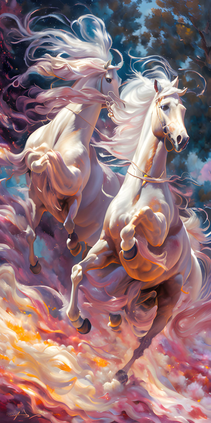 Ethereal white horses gallop in vibrant red and blue backdrop