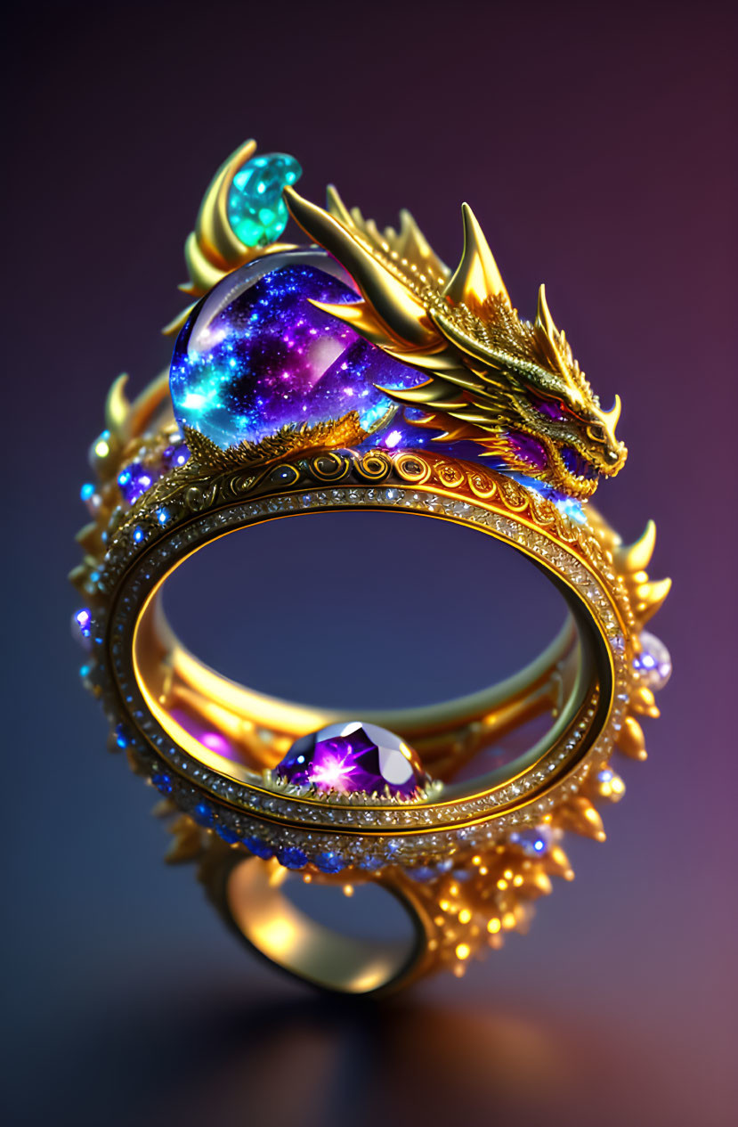 Dragon-themed ring with celestial orb and purple gem design