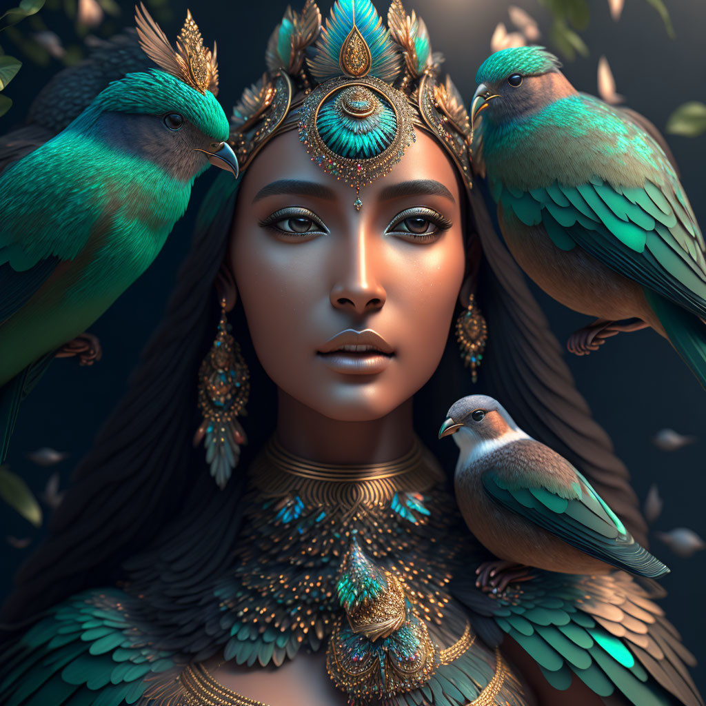 Elaborate Peacock-Themed Jewelry on Woman Surrounded by Teal Birds