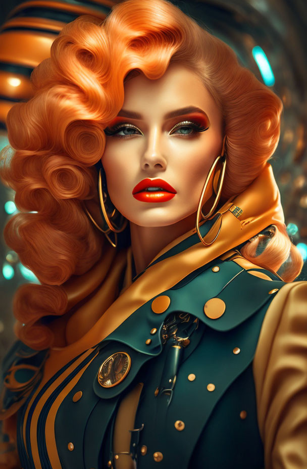 Voluminous curly red hair, bold makeup, large hoop earrings, teal and gold outfit illustration