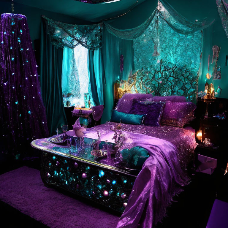 Luxurious bedroom with deep purple bedding, ambient lighting, teal drapery, and intricate wall decor