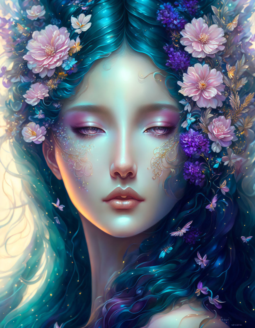 Vivid portrait of a person with aqua hair, closed eyes, flowers, and butterflies