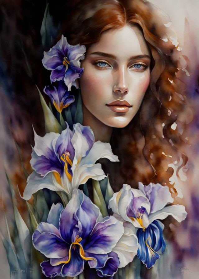 Portrait of Woman with Wavy Brown Hair and Blue Eyes Among Purple and White Irises