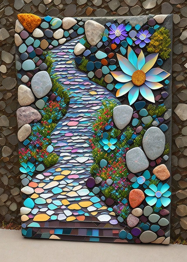 Colorful Mosaic Artwork with Winding Path and Flowers