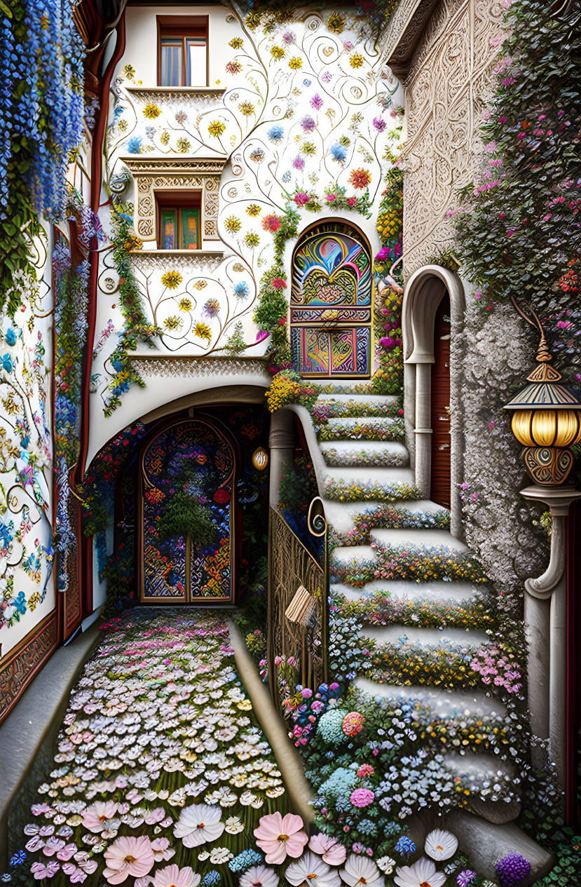 Elaborate floral courtyard with staircase and ornate door