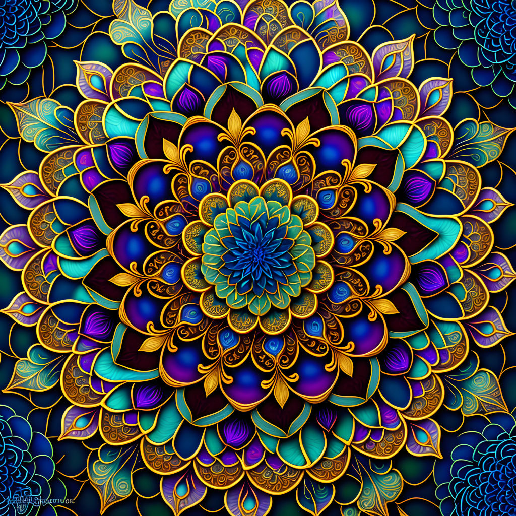 Symmetrical Mandala Digital Art with Blue, Purple, and Gold Patterns