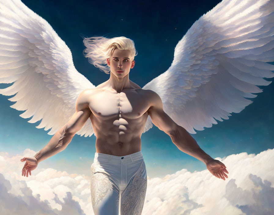 Muscular figure with white wings floating above clouds