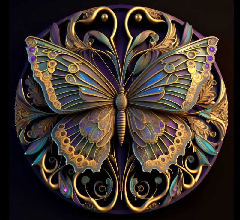 Symmetrical metallic butterfly with iridescent colors on dark background