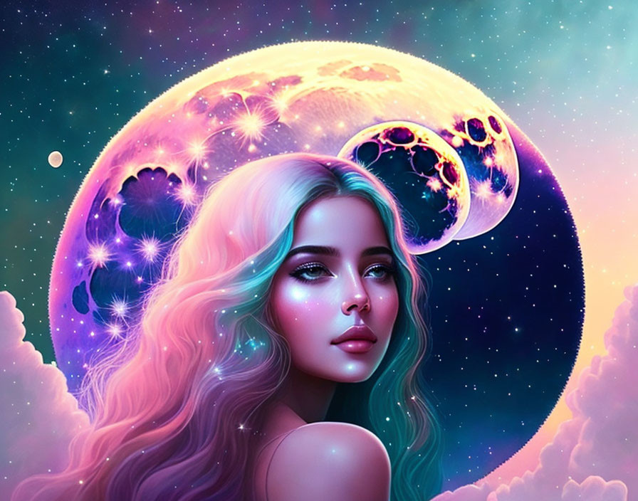 Colorful space-themed digital artwork of a woman with moon and stars backdrop