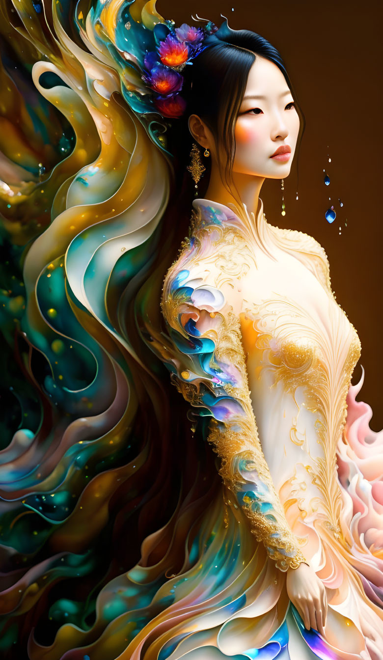 Detailed illustration of woman in flowing gown with golden embellishments and wavy, flower-adorned hair