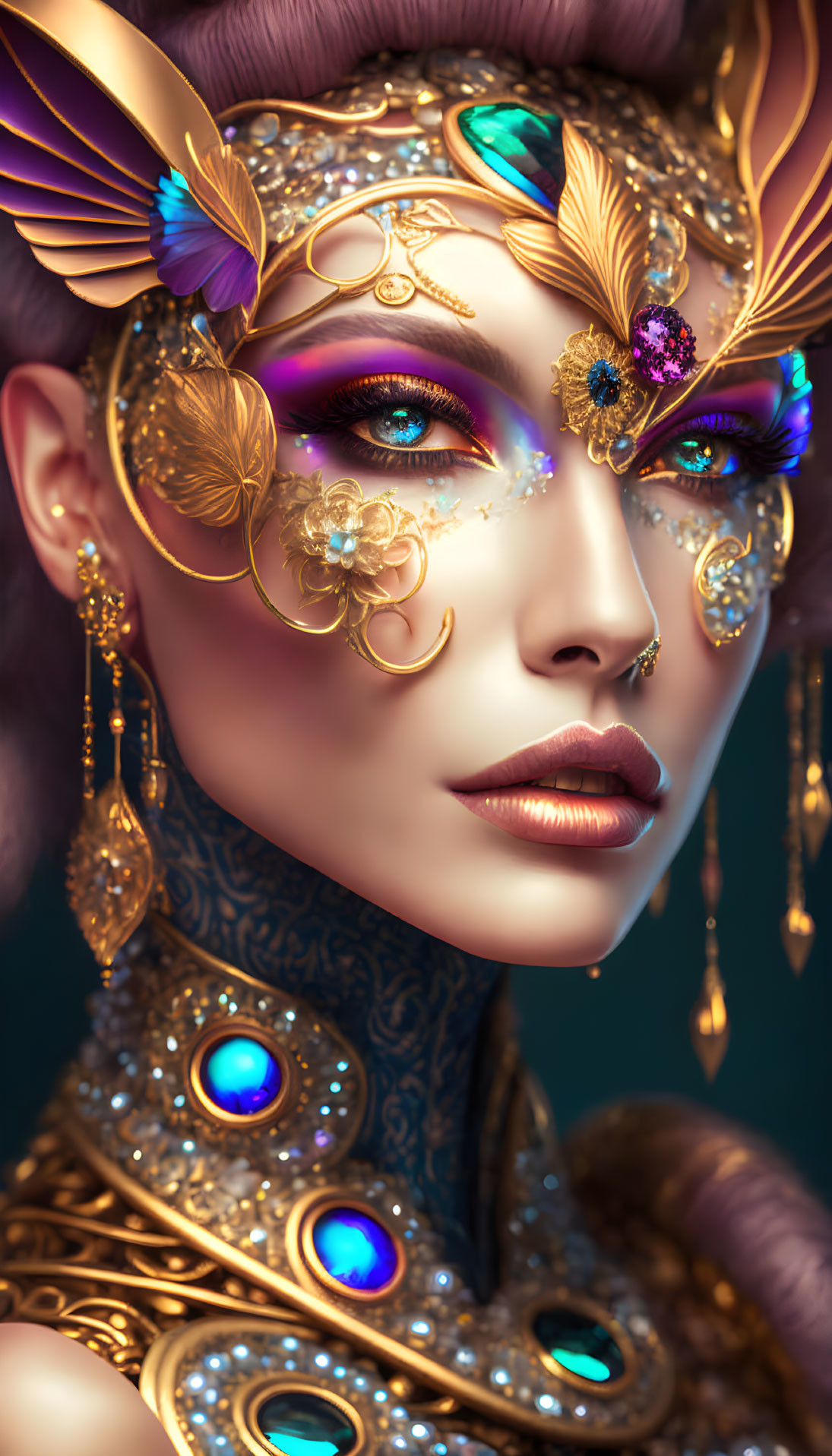 Elaborate fantasy makeup with butterfly headpiece and golden jewelry