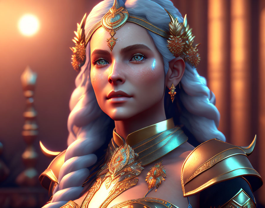 Fantasy Female Character 3D Rendering with Golden Headpieces and Blue Eyes