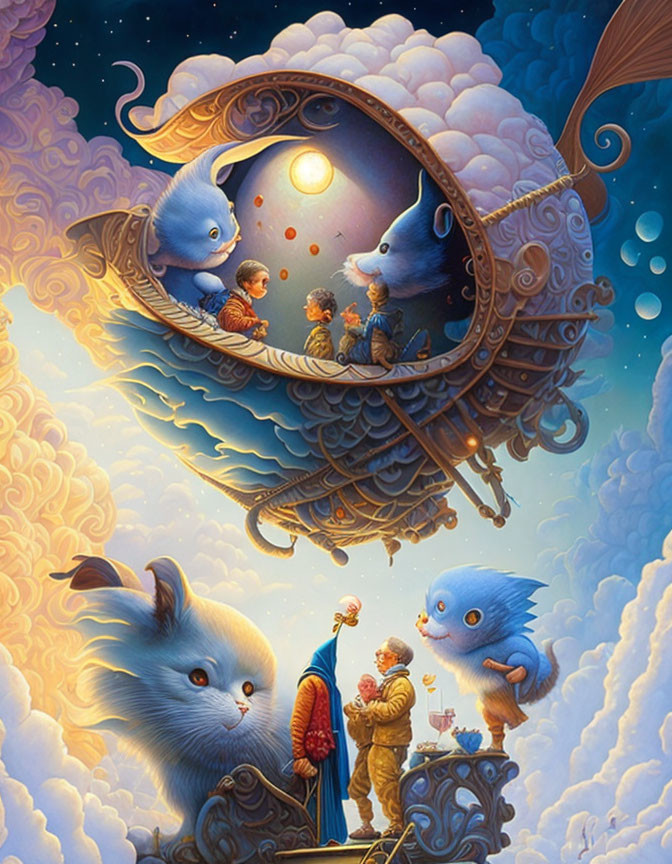 Whimsical artwork: Giant blue creatures overseeing tiny humans in dreamy moonlit scene