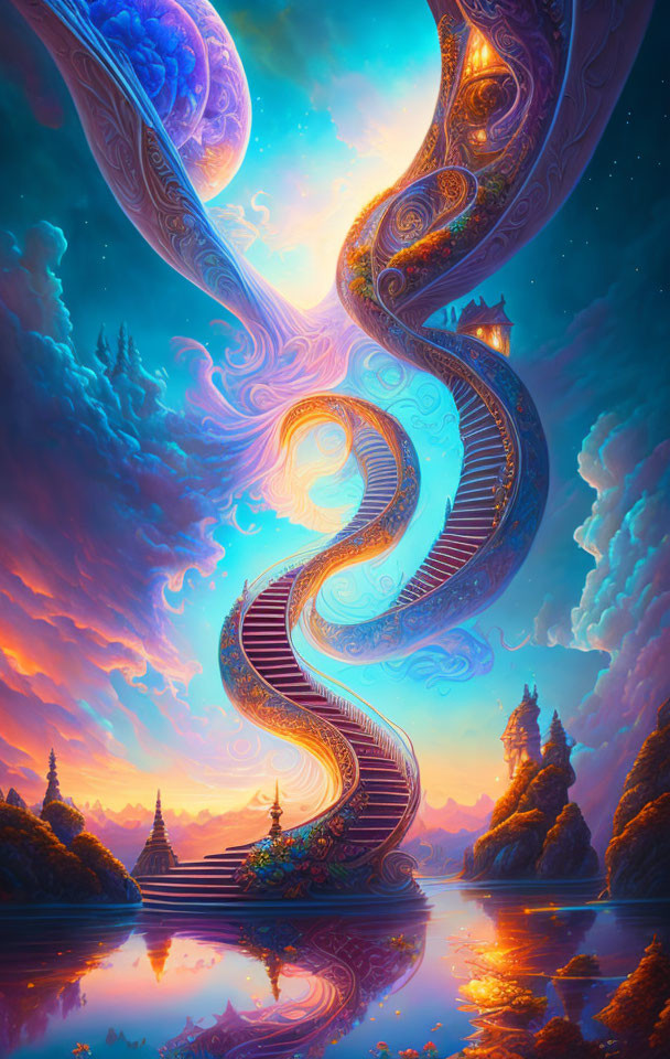 Spiraling staircase in vibrant, whimsical sky setting