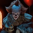 Menacing clown with red hair and balloons against dark backdrop