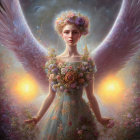 Ethereal figure with angelic wings in golden crown among pink flowers