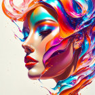 Colorful digital art: Woman's profile with vibrant rainbow hair and butterflies