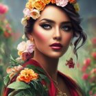 Woman with Floral Crown and Shoulder Flowers on Colorful Bokeh Background