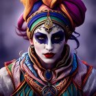 Fantasy portrait: Blue face paint, fiery hair, golden armor with wing details