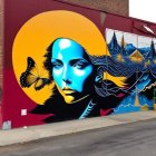 Colorful street mural features woman's face and butterflies, observed by young girl in pink dress