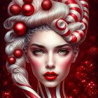 Woman with artistic makeup and candy cane hairstyle against red backdrop