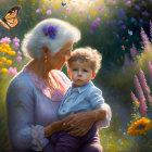 Elderly woman and two children in flower-filled meadow at sunset