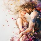 Vibrant floral patterned couple embracing in digital artwork