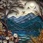 Tranquil nature scene with mountains, forest, lake, and birds under full moon