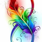 Colorful artwork of a woman with rainbow hair and feathers