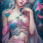 Fantasy illustration of female with iridescent wings and floral tattoos
