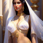 Illustrated woman in traditional attire with gold jewelry and veil against golden backdrop