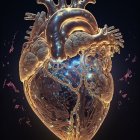 Colorful Surreal Heart Art with Cosmic and Floral Elements on Dark Background