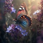 Colorful butterfly on purple flower in sunny garden