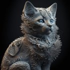 Detailed Cat Sculpture with Floral Patterns and Blue Eyes