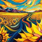 Colorful Sunflower Field Painting with Swirling Sky