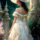 Woman in Cream Gown and Flower Hat in Garden