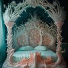 Ornate Sea-Themed Bedroom with Coral Canopy Bed & Turquoise Walls