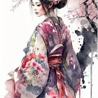 Colorful Geisha in Kimono Beside Cherry Blossom Tree