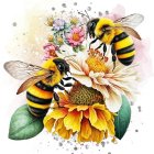 Vibrant bumblebee and flower bouquet illustration with detailed backdrop