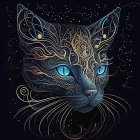 Stylized cat's face with glowing blue eyes and intricate gold patterns