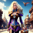 Blond Female Fantasy Character in Purple and Gold Armor in Mystical City