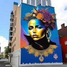 Colorful street mural of woman with floral and butterfly motifs