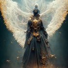 Fantasy artwork of winged figure in golden attire on teal backdrop