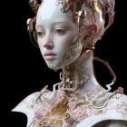 Stylized digital art portrait of woman with pink and gold headdress, ornate collar, and