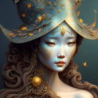 Fantasy portrait of woman with glowing blue eyes and golden moon-themed helmet