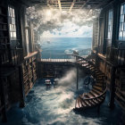 Surreal library with spiraling staircase and crashing waves