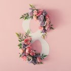 Pastel Floral Number 8 with Butterflies on Pink Background