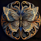 Symmetrical butterfly digital artwork with golden, blue, and brown hues