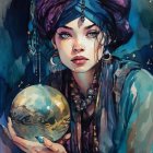 Woman in ornate headgear with crystal ball, galaxy aura, detailed jewelry, mysterious gaze