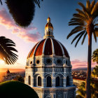 Majestic cathedral with white and blue domes against sunset sky